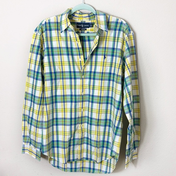 Ralph Lauren Classic Fit Plaid Oxford Shirt Yellow Blue Green Button Down L - Picture 1 of 8